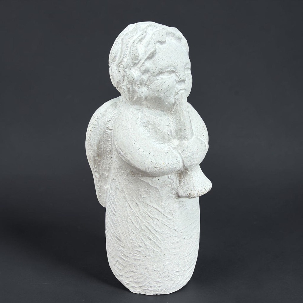 Isabel Bloom Angel with Horn Figurine White Gray Concrete Cherub USA Made 3.5In